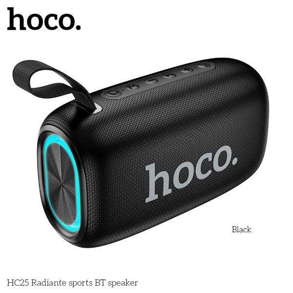 Loa HOCO HC25 kết nối BLUETOOTH không dây V5.3, USB, thẻ nhớ TF, đèn LED và dây treo đi kèm loa.