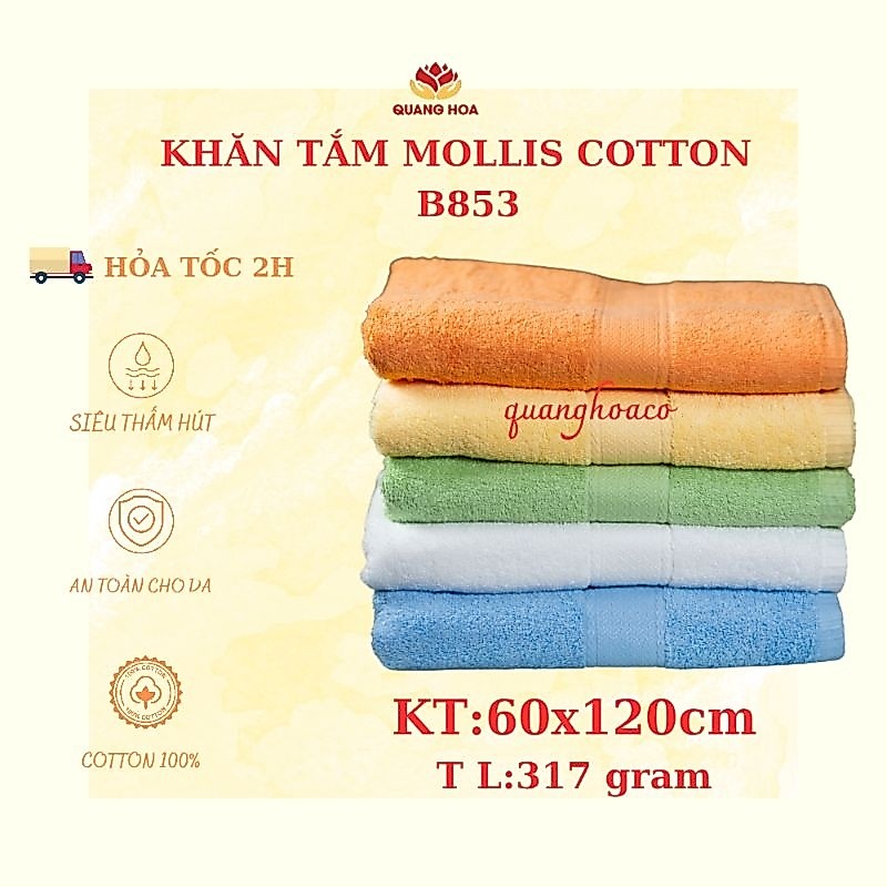 Khăn tắm Mollis cỡ lớn chất liệu cotton 100% B853 60x120 cm