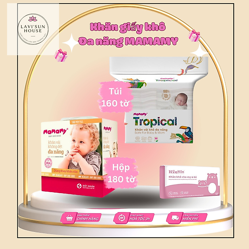 Khăn khô đa năng Mamamy 180 tờ / Mamamy Tropical 160 tờ chính hãng công ty( thay thế khăn sữa)