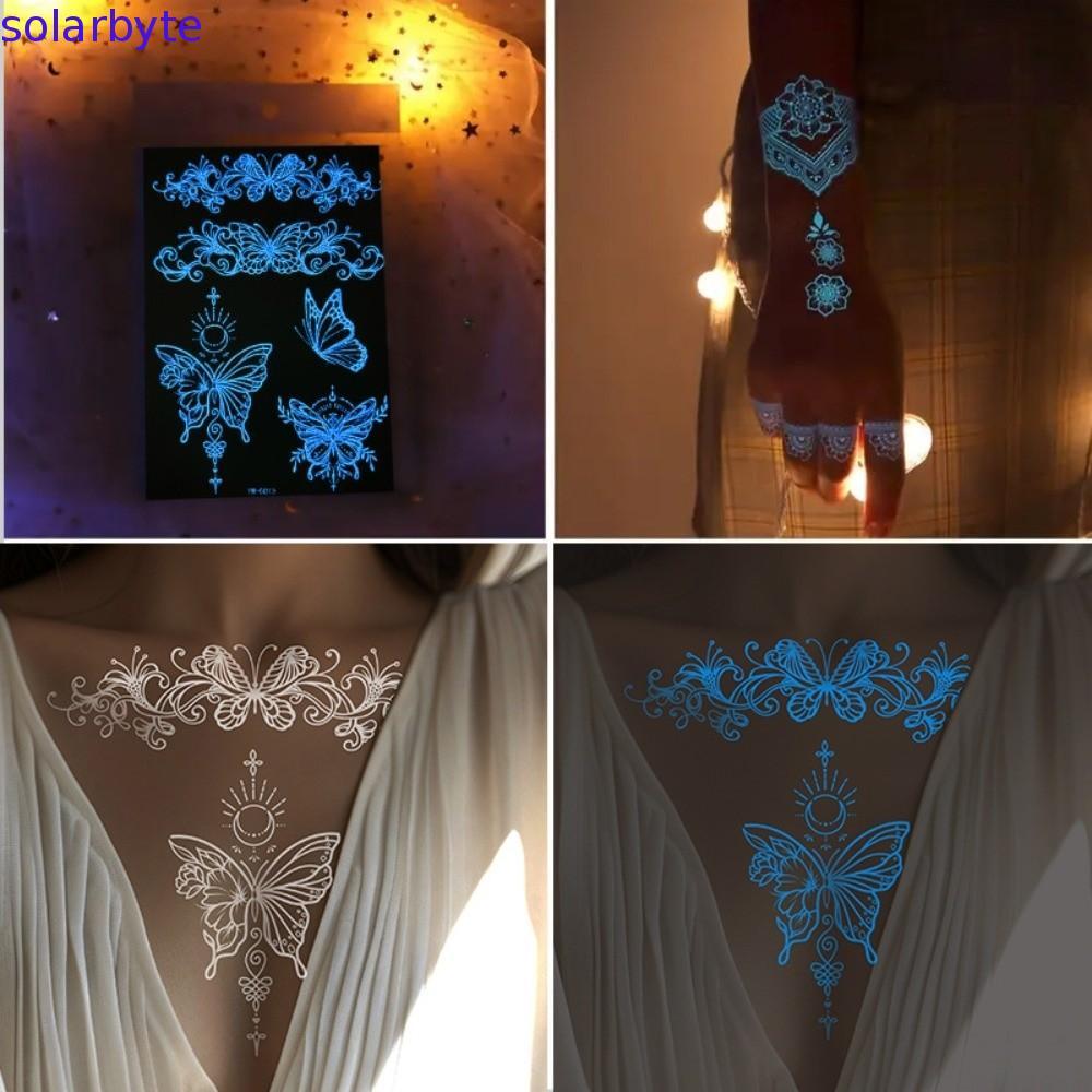 SOLARBYTE Dạ Quang Henna Hình Xăm Miếng Dán, Chân Cánh Tay Trắng Henna Hình Xăm Đề Can, Ren Henna Gi