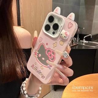  ibumpers Ốp Điện Thoại iPhone Tai Mèo Hello Kitty Lấp Lánh Theo Chủ Đề Màu Hồng Dễ Thương Cho IPhone 16 15 14 12 13 11 Pro Max IP 7 8 Plus X XS XR Ốp Lưng IMD Cứng Và Nhẵn 