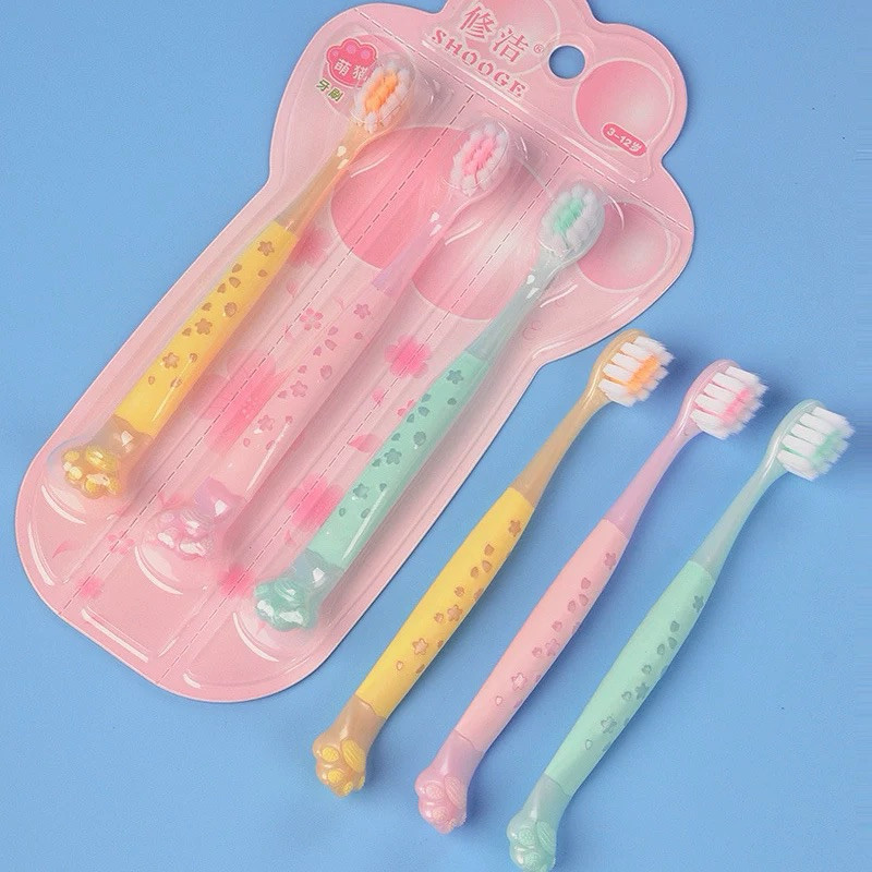 SET 3 Bàn Chải Đánh Răng Cho Bé Sợi Mềm Hình Chân Mèo Dễ Thương
