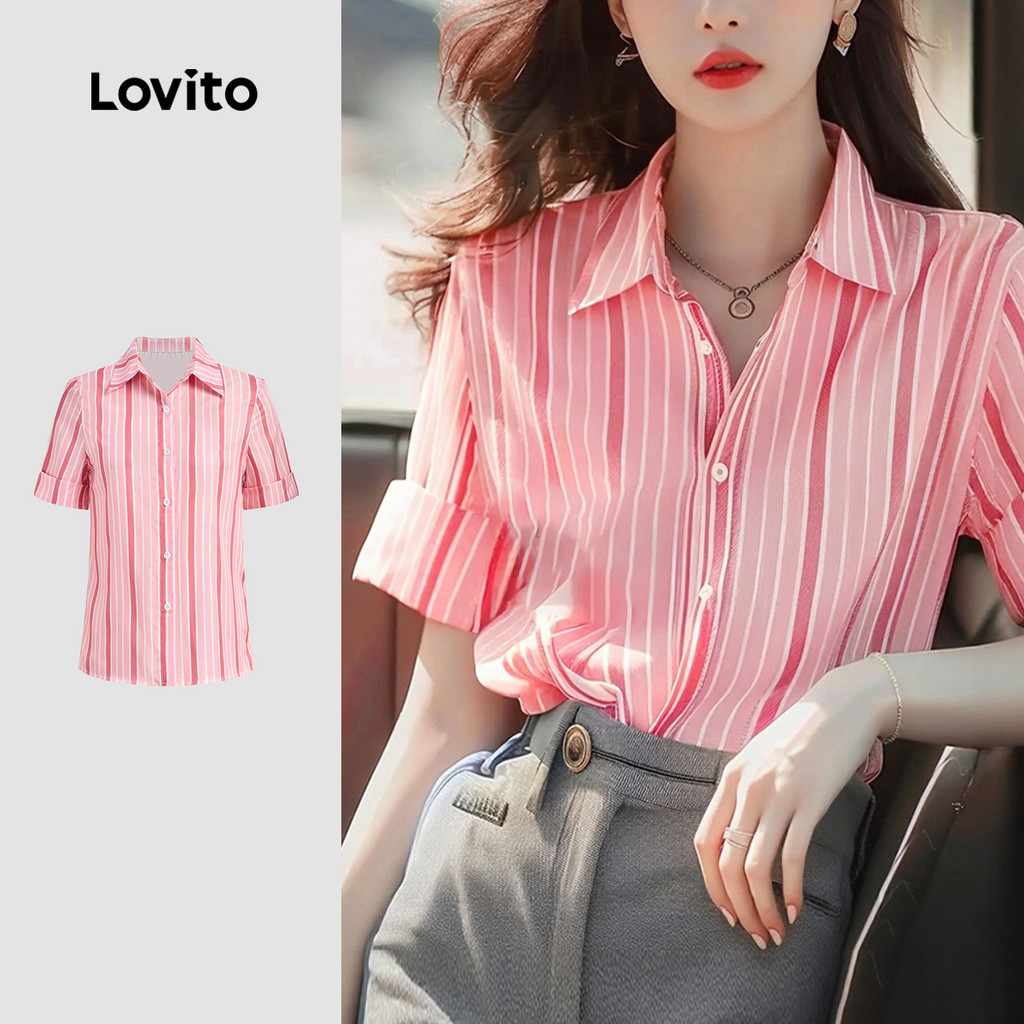 Lovito Áo sơ mi nữ thoải mái hàng nút xuân/hè áo sơ mi hồng L155AD428