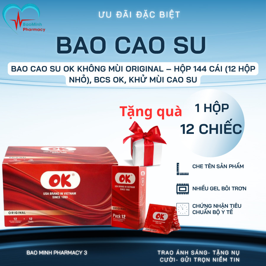 [ Che Tên] Bao cao su OK không mùi original – hộp 144 cái (12 hộp nhỏ), bcs OK, Khử Mùi Cao Su
