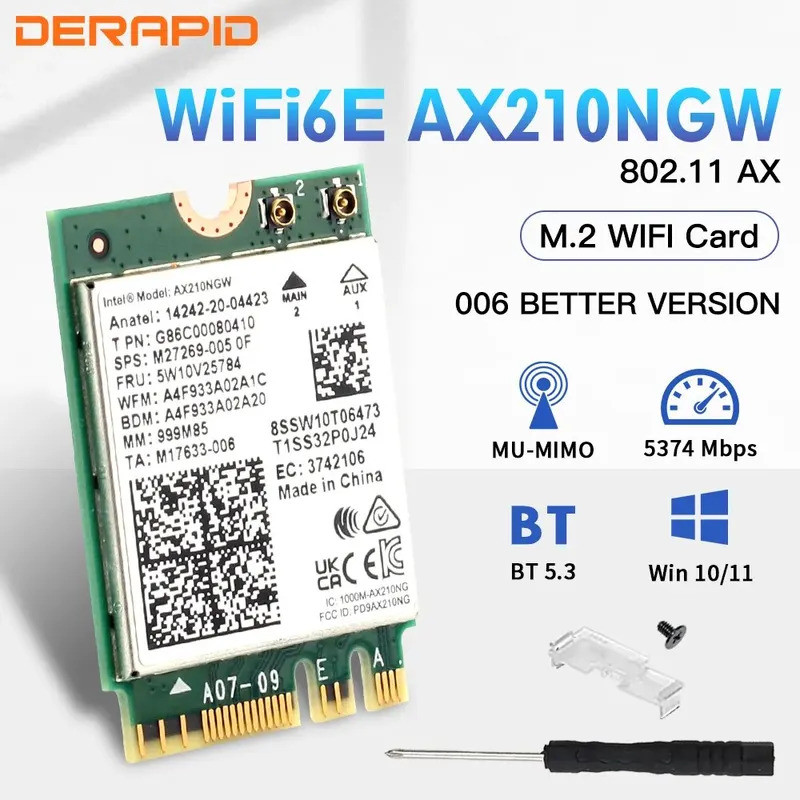 Bộ chuyển đổi không dây WiFi 6E AX210NGW NGFF Bluetooth 5.3 WiFi6 5374Mbps 2.4G / 5G / 6GHz 802.11AX