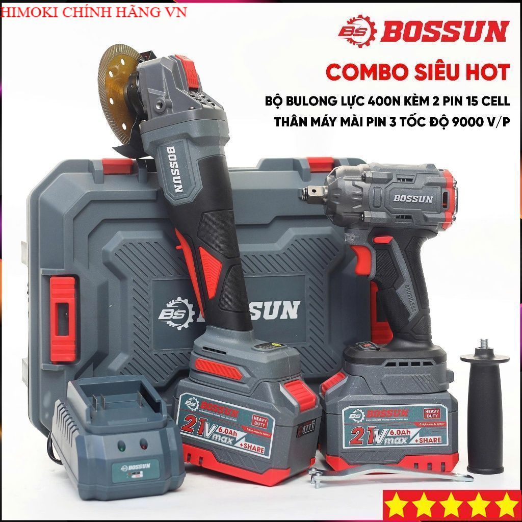 COMBO MÁY SIẾT BULONG + MÁY MÀI PIN BOSSUN  BOSSUN-BL+ M M21B-AG100PRO, KHÔNG CHỔI THAN, HIMOKICHINH