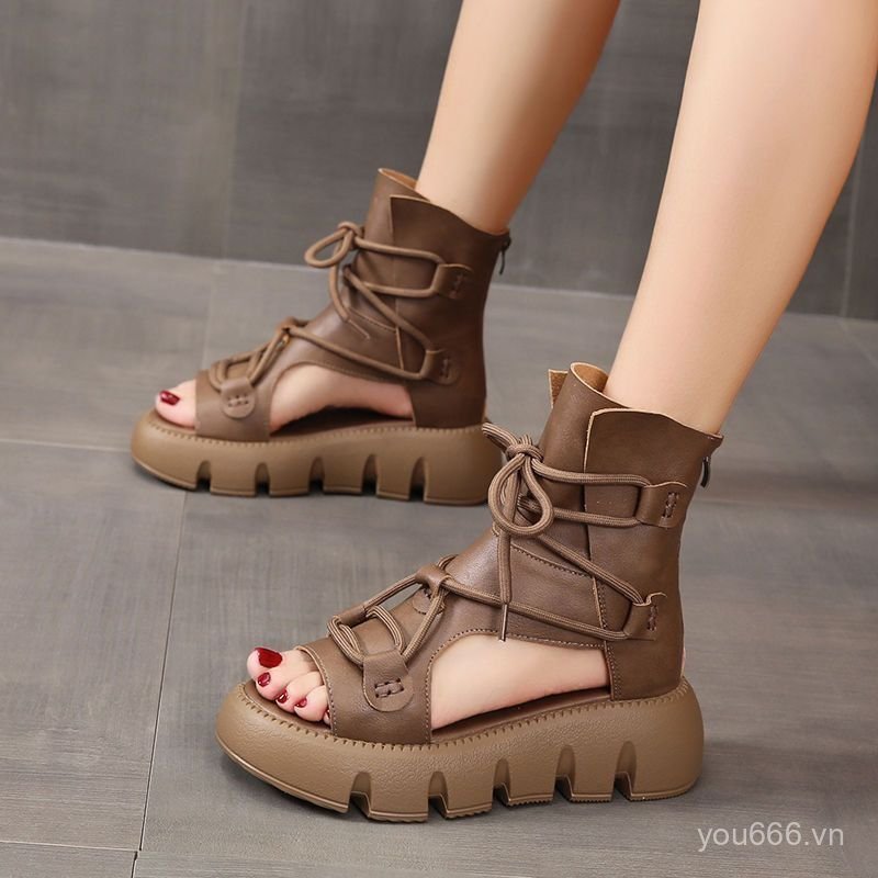 Thật Mềm Da Đen Buộc Dây Đế Dày La Mã Giày Rỗng Giày Sandal Cao Cấp Giày Nữ Mùa Hè Miệng Cá Giày La 