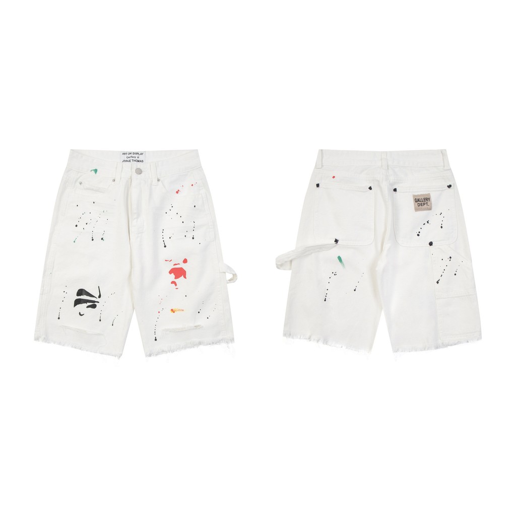 JS68 GALLERY Distressed Washed Ripped Shorts Unisex Summer Street Style Hand-Painted Ink Splash Shor