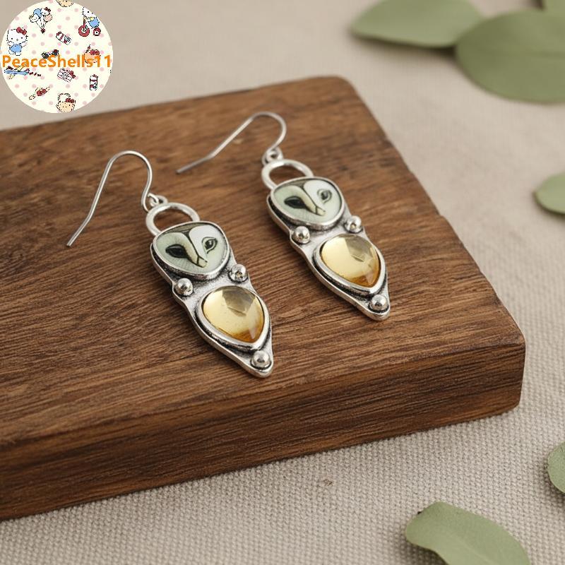 PeaceShells Retro Bạc Barn Owl Tòn Ten Bông Tai Màu Vàng Tự Nhiên Citrine Inlay Mặc Hàng Ngày Dự Tiệ