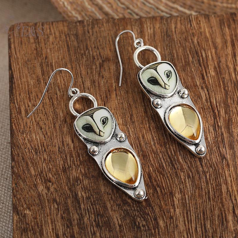 Strongaroetrtomj Retro Bạc Barn Owl Dangle Bông Tai Màu Vàng Tự Nhiên Citrine Inlay Mặc Hàng Ngày Dự