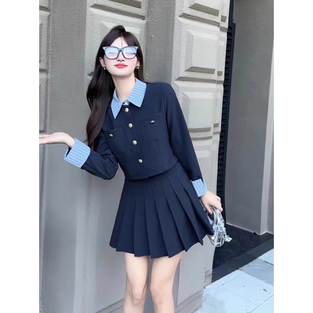 Navy Blue Chanel Style 2025 Phong Cách Mới Phù Hợp Với Áo Khoác Phù Hợp Với Ngắn + Nửa Chiều Dài Ôm 