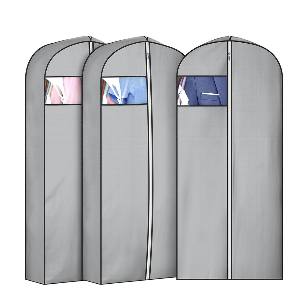 Túi 3 chiều bảo quản quần áo  có khóa kéo treo tủ - Túi màu xám đựng áo vest, áo đầm có cửa sổ nhựa 