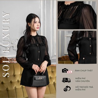  Áo Sơ Mi Nữ Áo Nữ Công Sở Dài Tay Đen Lưới Ren Trước Ngực Kèm Dây Cột Nơ Phối Tay Voan Đen Co Giãn Mềm Mại- Ms590 