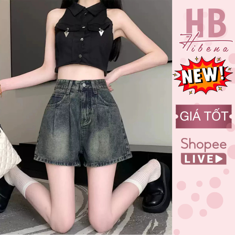 [LOẠI 1] Quần Short Jeans Nữ Cạp Cao, Quần Bò Đùi Hack Chân Thiết Kế 2 Cúc Màu Xanh Bụi S06 Hibena