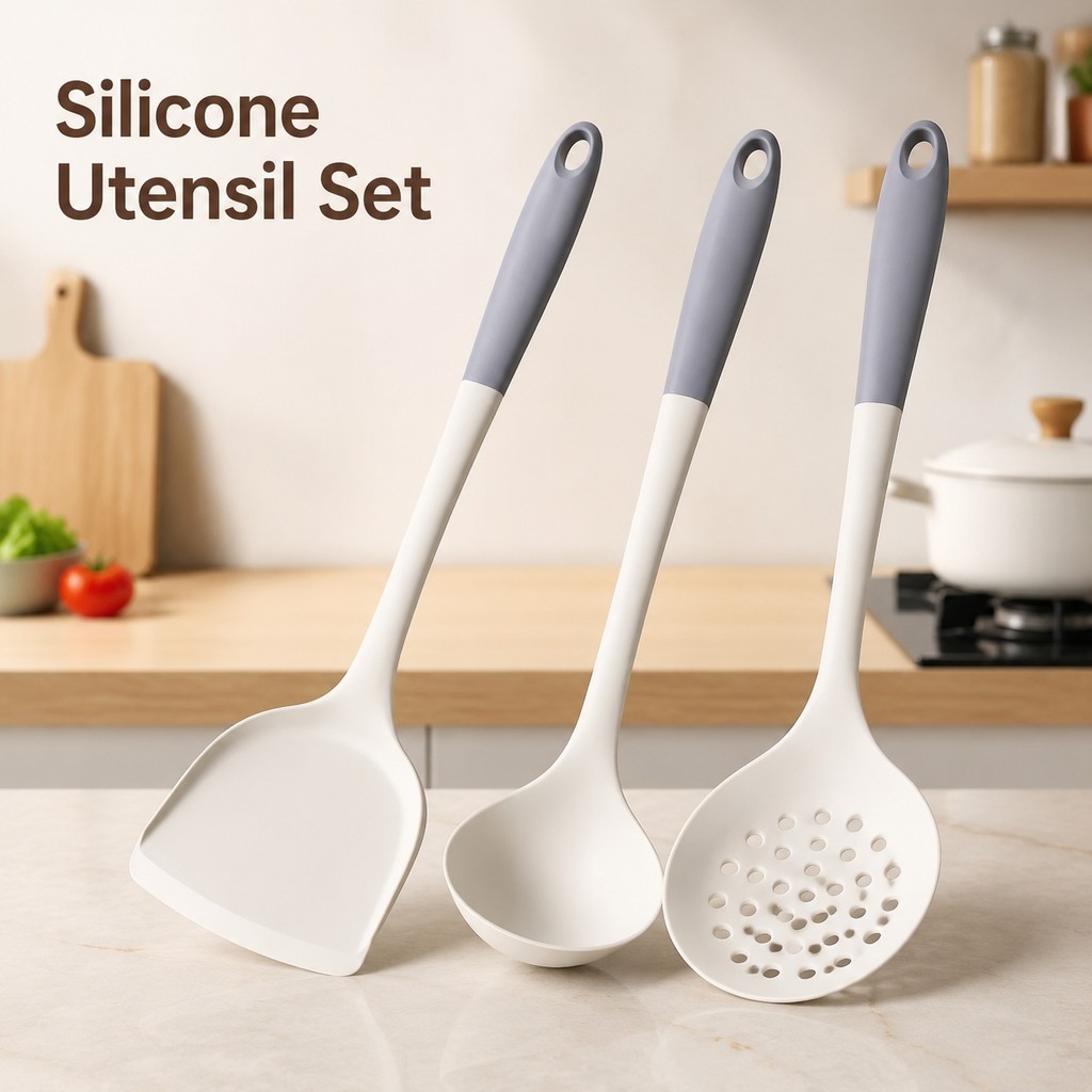 Bộ thìa nấu ăn bằng silicon thân thiện với dụng cụ nấu ăn chống dính, đầu silicon mềm để nấu ăn và b
