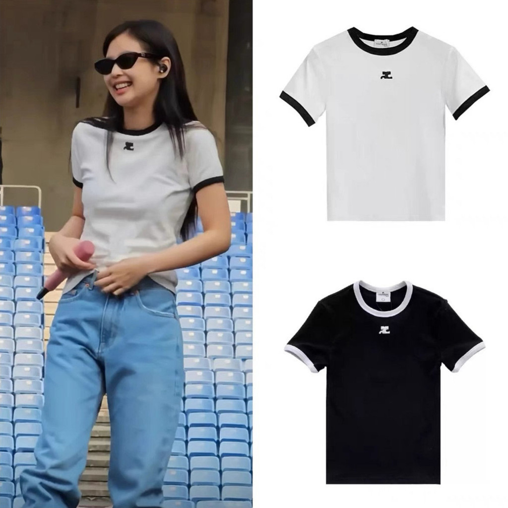 PJPY Shen Mengchen jennie Same style Korean embroidery logo Two-tone slim-fit short-sleeve shirt T W