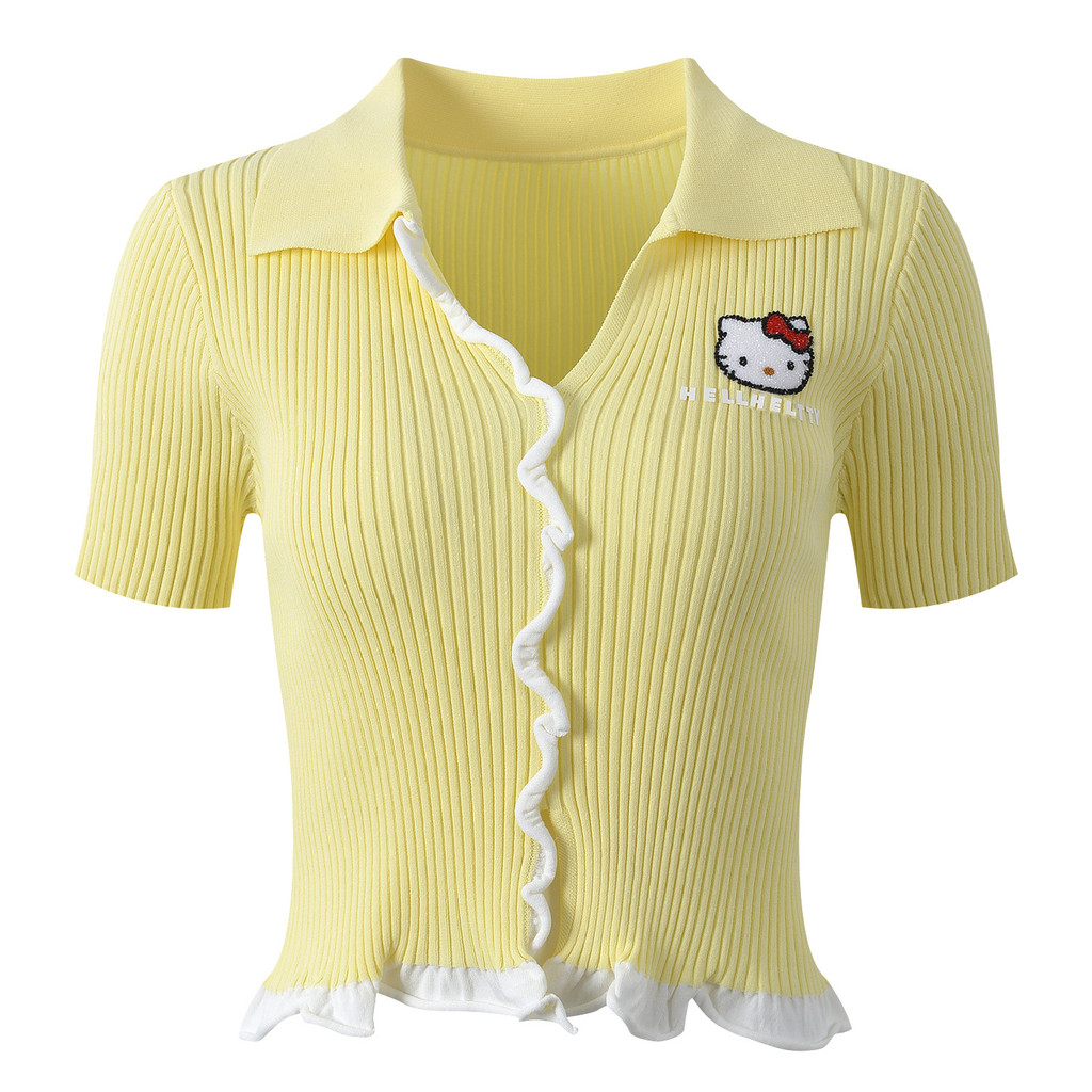 JIK6 Sand**0 2026Summer new design, color-blocking ruffle trim, embroidered decorative lapel short k