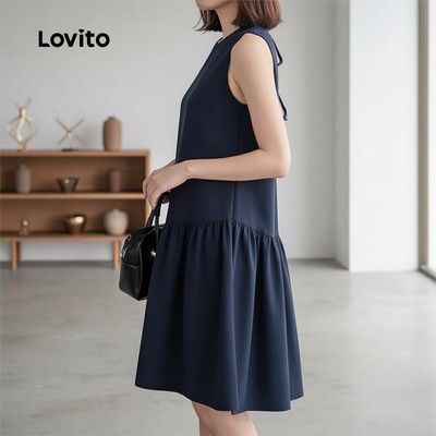 Lovito Phong cách thường ngày Đầm dự tiệc nữ xanh navy thắt eo mùa xuân hè L154ED239
