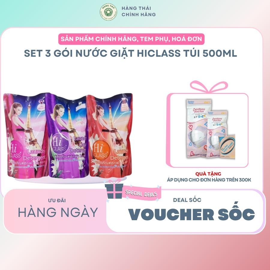 Sét 3 gói Nước giặt Hiclass túi 500ml Làm Sạch
