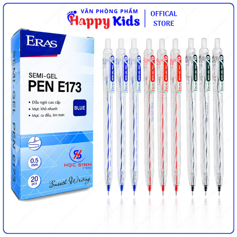 Combo 5/10/20 Cây Bút Bi Semi Gel Eras E173 Ngòi 0.5mm Viết Mượt, Mực Đều, Không Lem (Mực Xanh/Đỏ/Đe