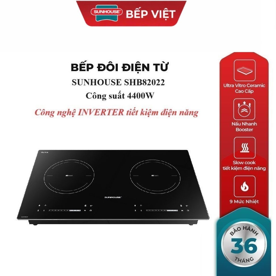 BẾP ĐÔI ĐIỆN TỪ SUNHOUSE SHB82022  - Booster nấu nhanh - 9 mức chỉnh, có tính năng slow cook - Mặt k