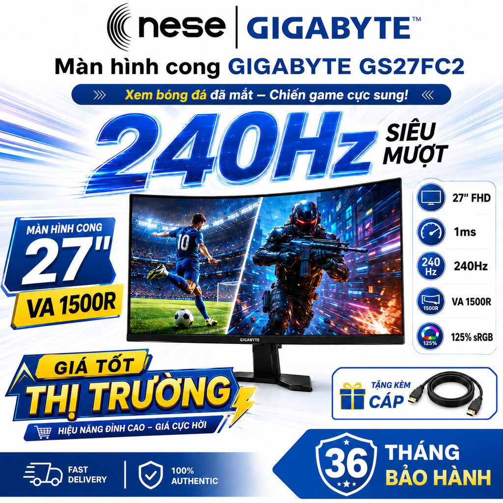 Màn Hình Cong Gaming Gigabyte GS27FC2 27" VA 1500R FHD 240Hz 1ms 108% sRGB 250nits
