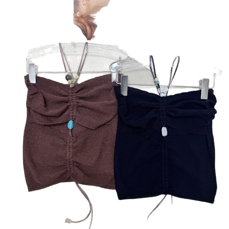 FFRU Ocean-themed beaded drawstring halter neck tube top, age-reducing, slimming, sexy, versatile kn