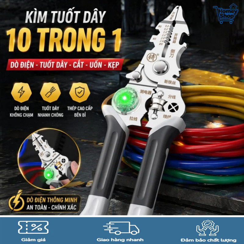 Kìm tuốt dây điện, kìm thử điện, đa năng, cắt dây, bấm cos, vặn ốc, cách điện, thợ điện, gia dụng-Ho