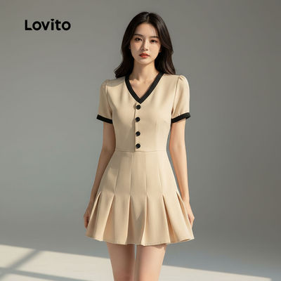 Lovito Phong cách thường ngày Váy Cổ Bấn Giao Thắt Nút Trước Mùa Xuân Hè Váy Màu Kaki L157LD244