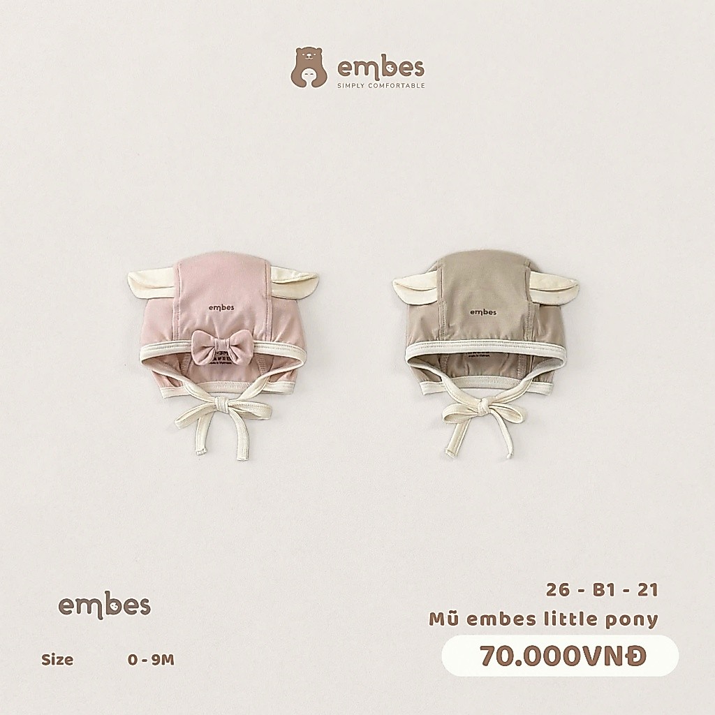 Phụ Kiện Sơ Sinh Embes, Mũ Buộc Phối Tai Cún Cute Chất Cotton Mềm Mại Cho Bé Sơ Sinh Từ 0-9 Tháng