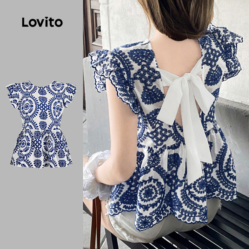 Lovito Áo sơ mi Boho thắt lưng phía sau Mùa Xuân/Hè áo sơ mi xanh cho Phụ nữ L149ED493