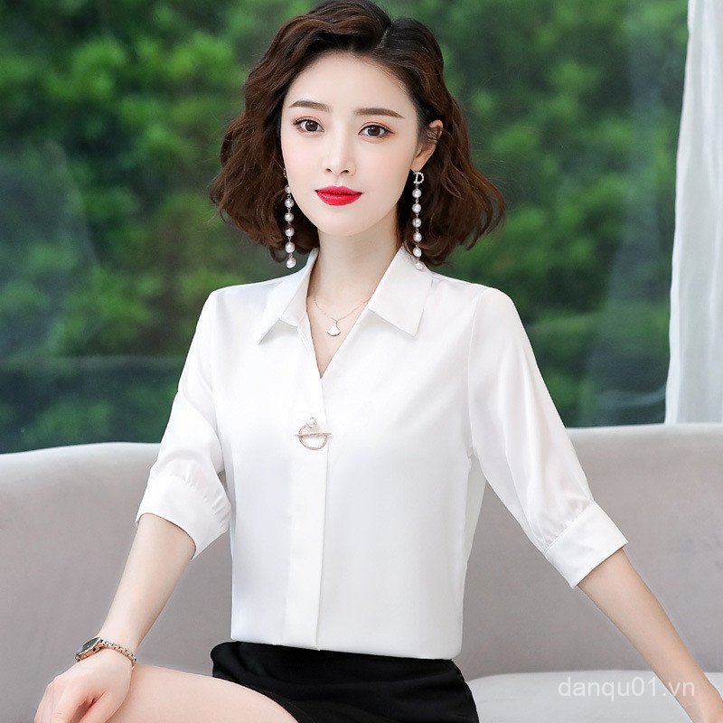 Áo Sơ Mi Voan Tay Ngắn Cổ Chữ V Trắng Nữ Mùa Hè 2026 Tất Cả Trận Đấu Thường Ngày Chuyên Nghiệp Top N
