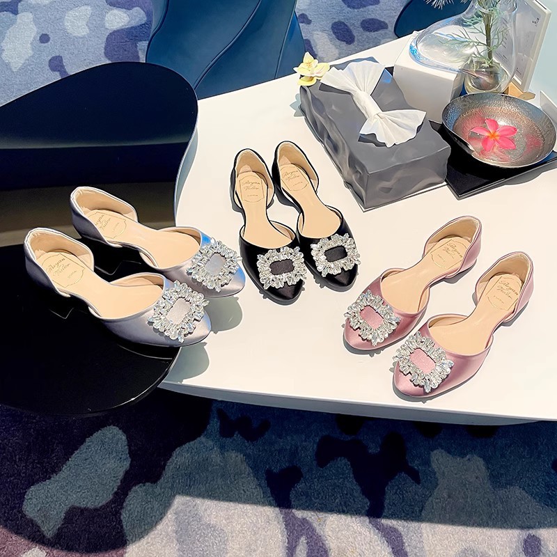 Rhinestone Square Buckle Flat Shoes for Women, Round Toe Hollow Shallow Mouth Single Shoes, Wedding 