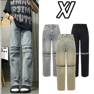   XV Store  quần suông ống rộng jean thêu chữ 3 màu Nam nữ Menswear Ong Có Túi jean 