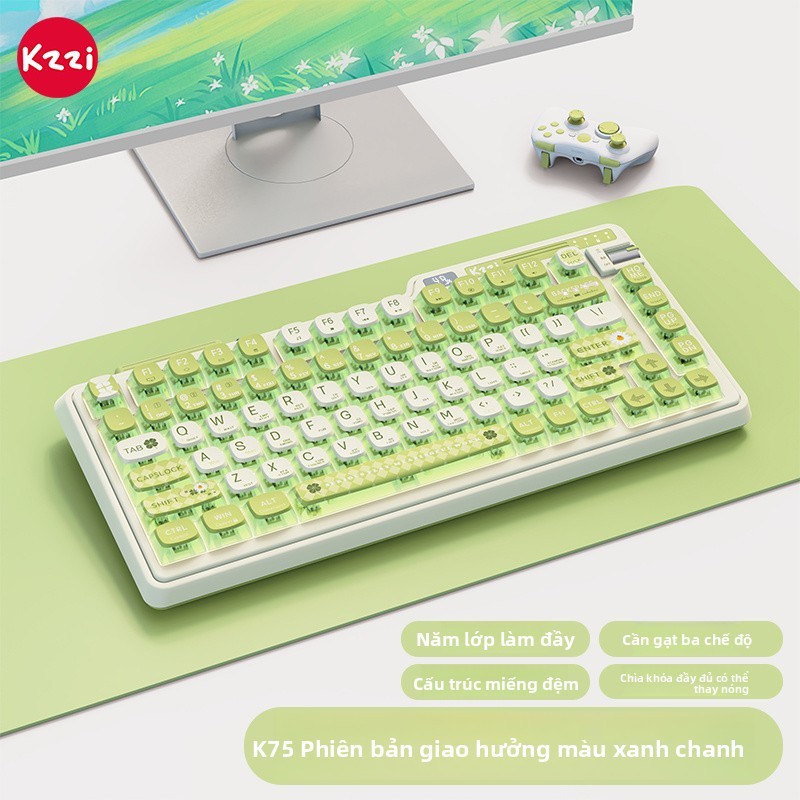 Bàn phím cơ học ba chế độ KZZI K75, đèn RGB, có thể thay nóng, phiên bản màu sắc cao cấp cho các cô 