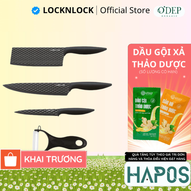 Bộ dao 4 món LocknLock, chống dính, chất liệu thép không gỉ (3 dao 1 bào) - Màu đen CKK104S4 - HAPOS