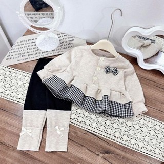  Bộ quần áo dài tay thu đông chất liệu len thỏ dày họa tiết nơ tay bèo cho bé gái size 6-16kg 