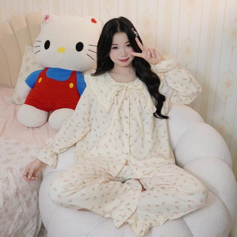 Đũi hàn dài tay bộ ngủ dài tay nữ tiểu thư cổ nhọn bèo vải đũi mùa hè mặc đi ngủ mát mẻ thoải mái Women Quần Ngủ Áo Ngủ | BigBuy360 - bigbuy360.vn