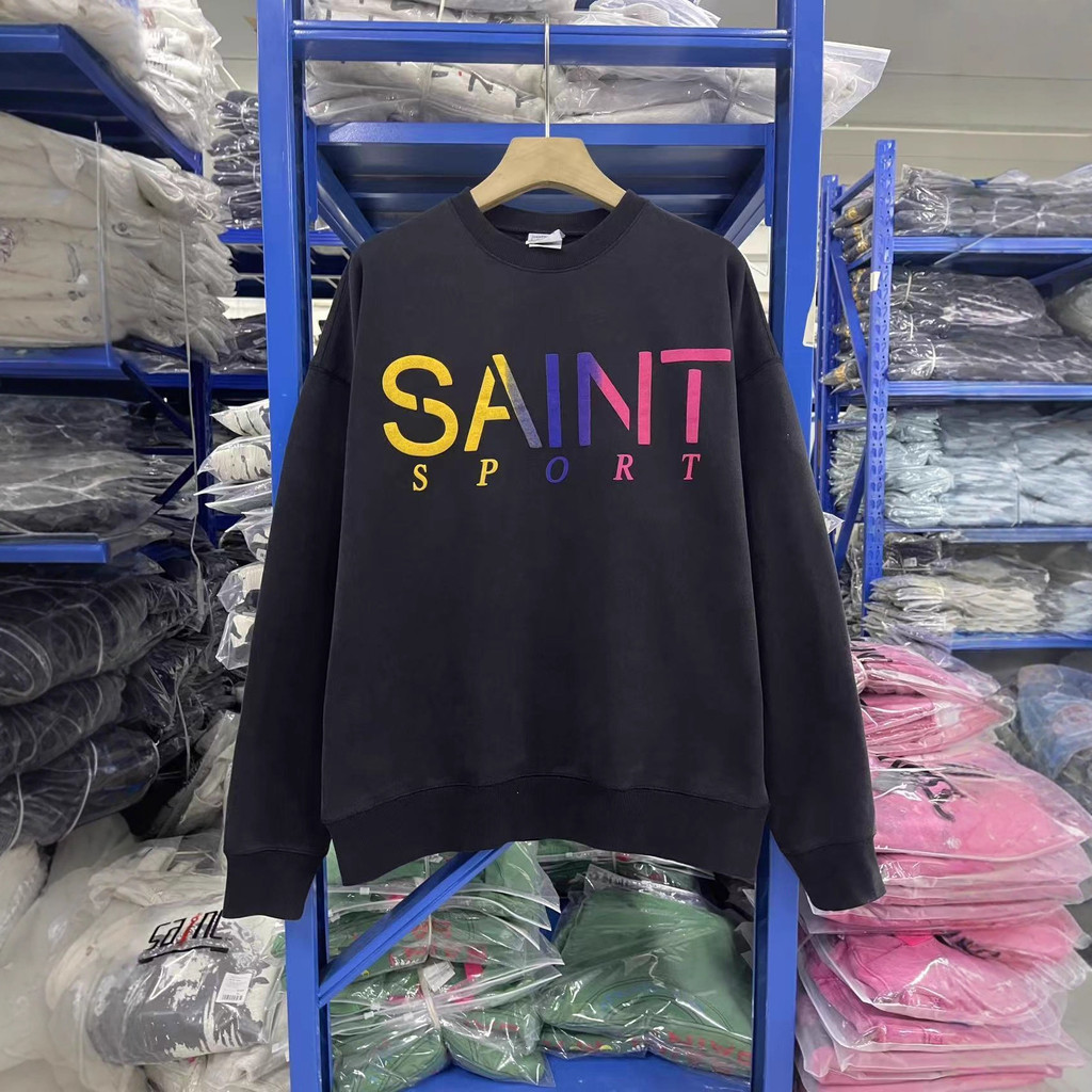 KLD6 Saint Michael Rainbow Letters LOGO Washed distressed round-neck pullover sweatshirt for men and