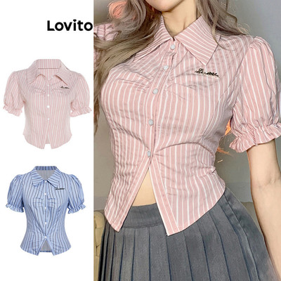 Lovito Phong cách thường ngày Áo Sơ Mi Sọc Ruched Thêu Tay Phồng Cho Nữ L79AD103 (Nhiều màu)