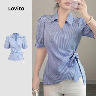 Áo Lovito thanh lịch đắp tà phong cách công sở mùa xuân/hè màu xanh dương nhạt cho nữ L150ED743