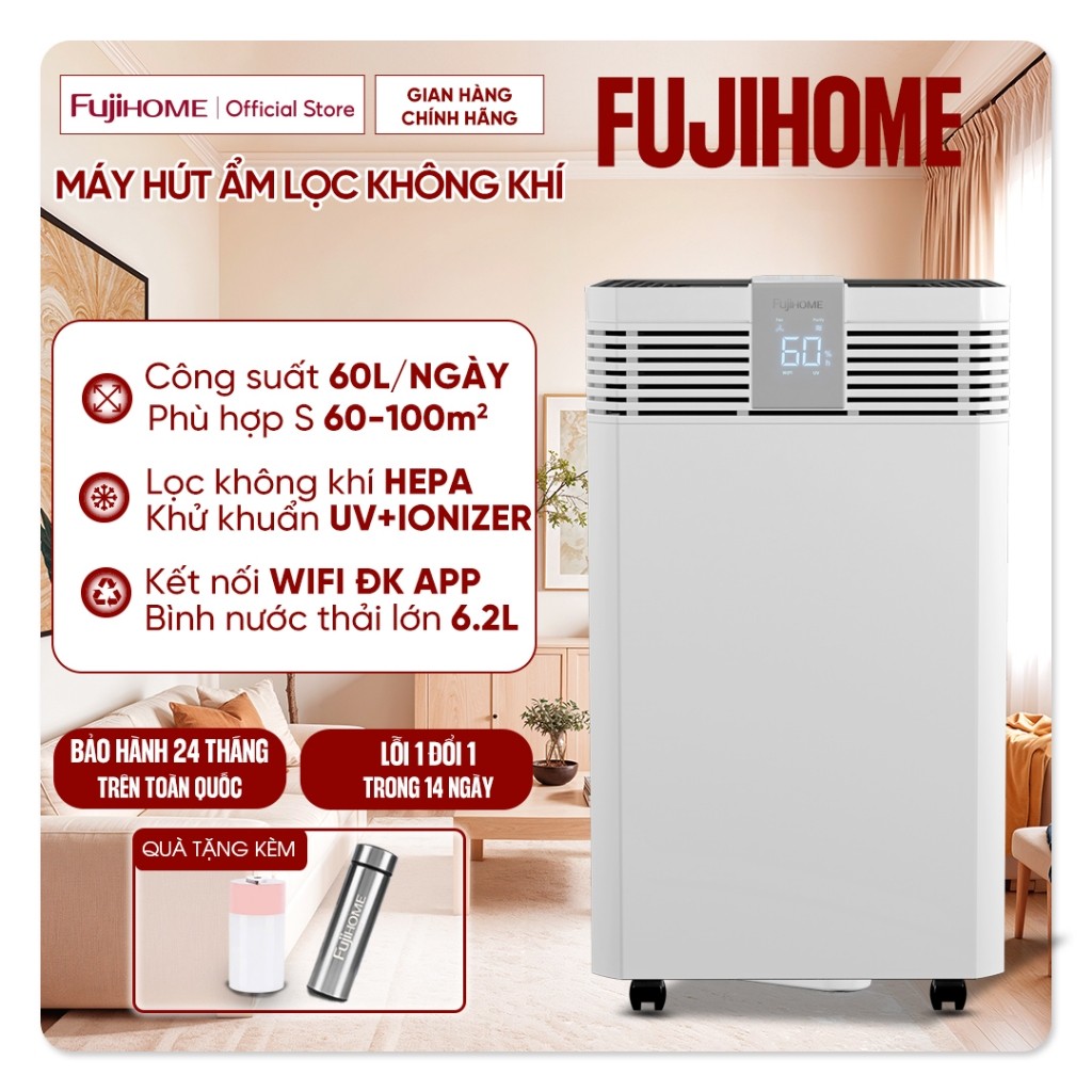 Máy hút ẩm công suất lớn 100m2 Fujihome DH60W-HEPA, công nghệ máy nén lọc không khí HEPA ION, cho gi