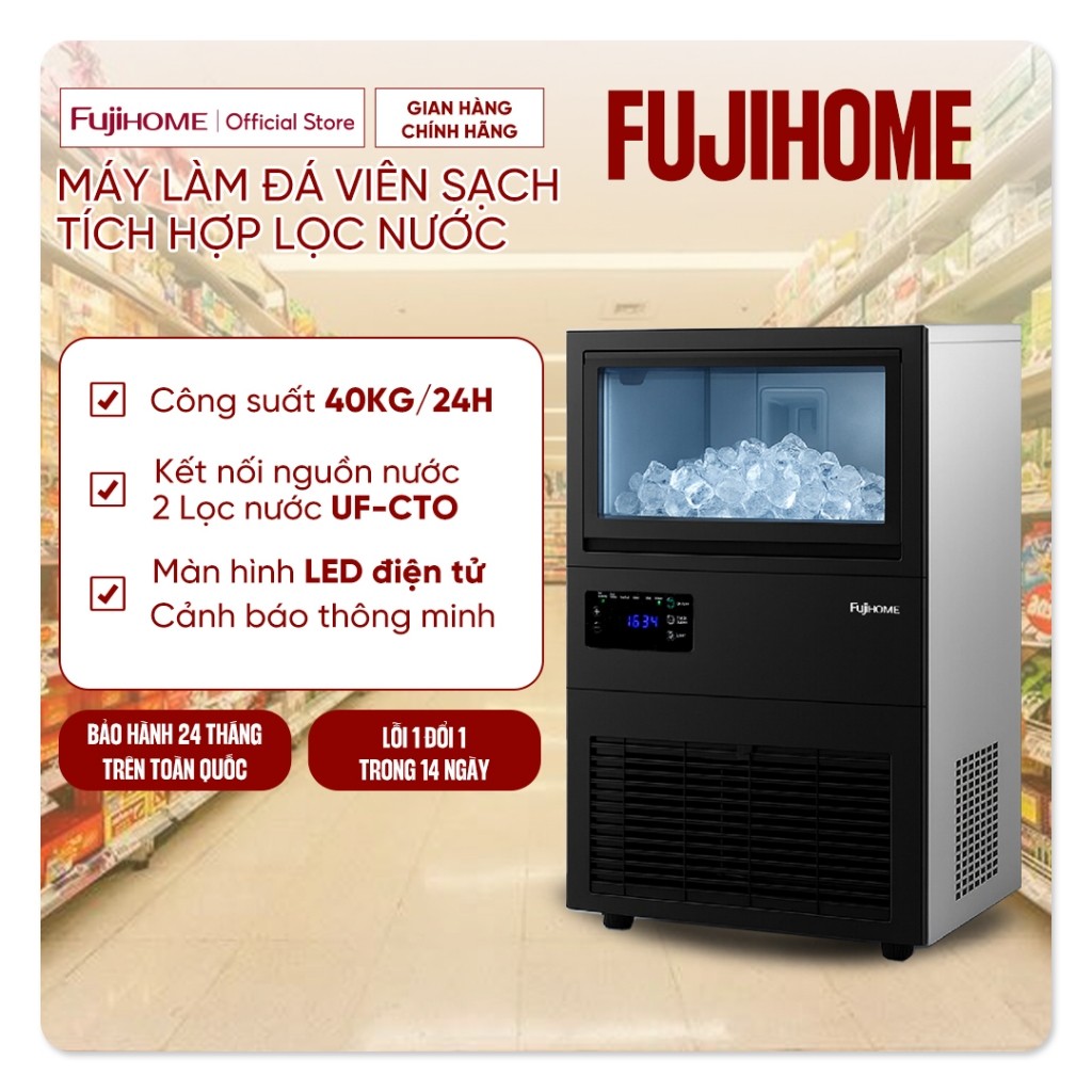 Máy làm đá viên sạch kèm lọc nước UF Fujihome IM45C, công suất 40Kg/ngày màn hình LED cảnh báo đá đầ