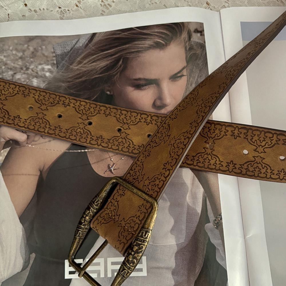 YAN Vintage Brown Print Wide Belt Women's Fashion Personality Versatile Bohemian Belt Decorati