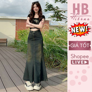 [HACK DÁNG 5CM] Chân váy jean đuôi cá HIBENA váy dài chữ A vải bò denim nữ đen xòe cạp cao che bụng V15