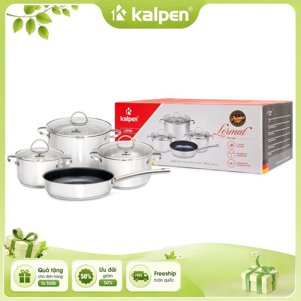 Bộ nồi chảo inox 4 món đáy từ 5 lớp KALPEN LERMAT L2PRO Size 18-22-26cm