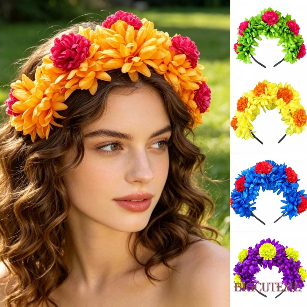 [] ~ Boho Vòng hoa nhân tạo Mũ đội đầu Dahlia Hoa vương miện cho lễ hội Kỳ nghỉ Halloween Trang trí 