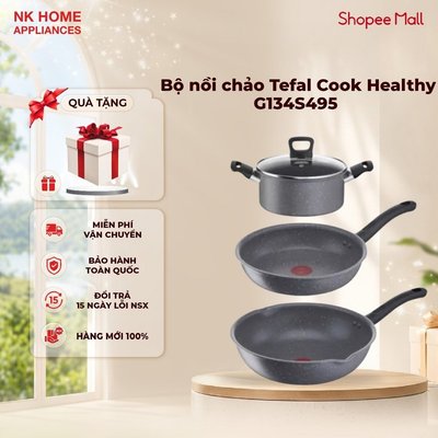 Bộ nồi chảo Tefal Cook Healthy G134S495 4 món - Chảo 24/Chảo sâu 28/ Nồi 20/Nắp nồi - BH 24 tháng
