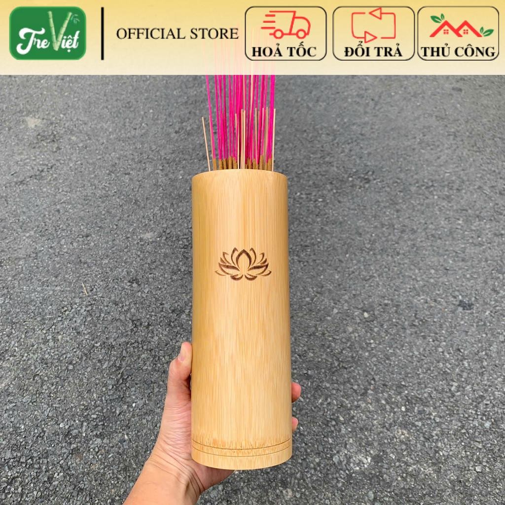 Ống đựng nhang bằng tre - Ống tre cắm nhang đẹp có khắc hoa sen