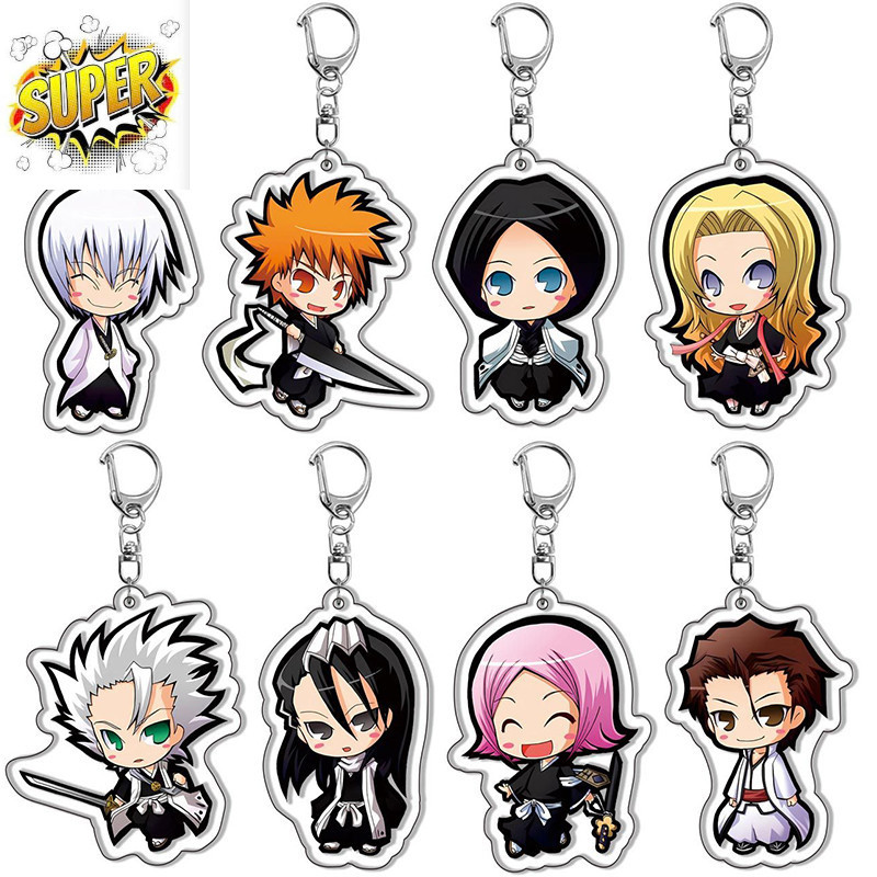 Anime Bleach Keychain Cartoon Figure Kurosaki Ichigo Kuchiki Rukia Inoue Orihime Pendant Key Ring Ba